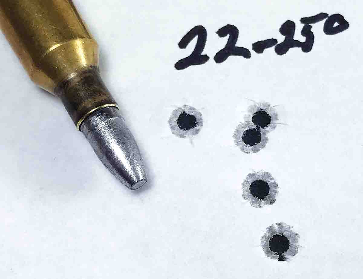 A Cooper Firearms Model 22 .22-250 shot this group with RCBS 22-55-SP bullets paired with 13.0 grains of Reloder 7.